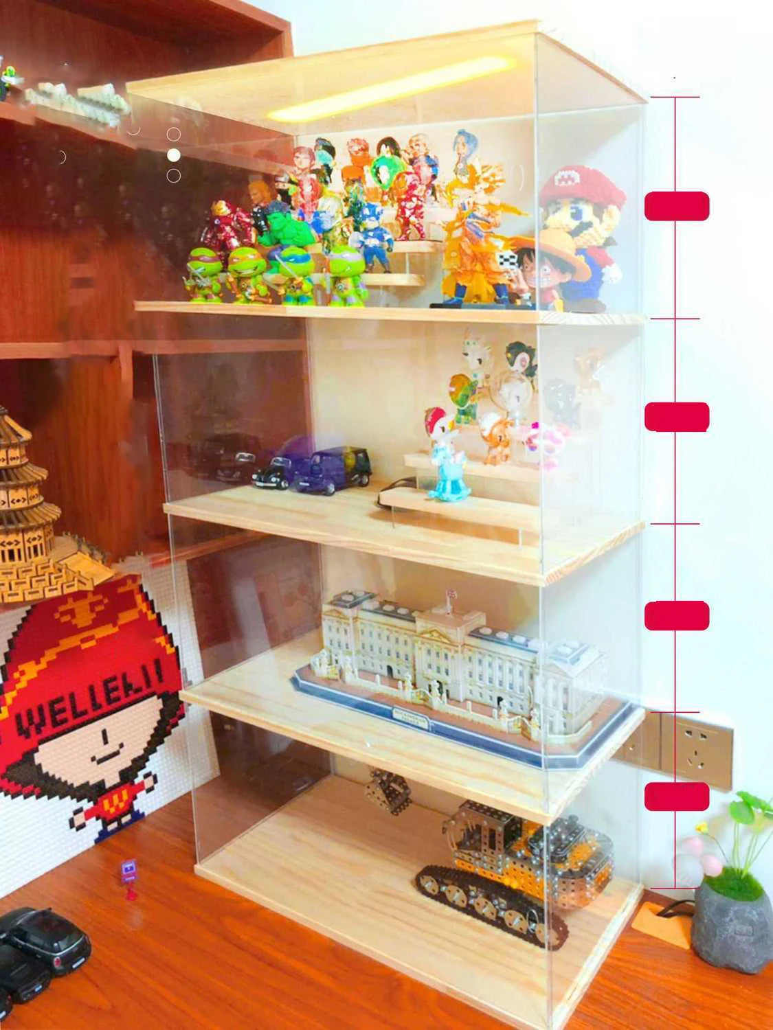 Stackable Wood Acrylic Display Case w/h Lamp for Figures Toy Collectible,Countertop Display Box Storage Stand Dustproof Showcase