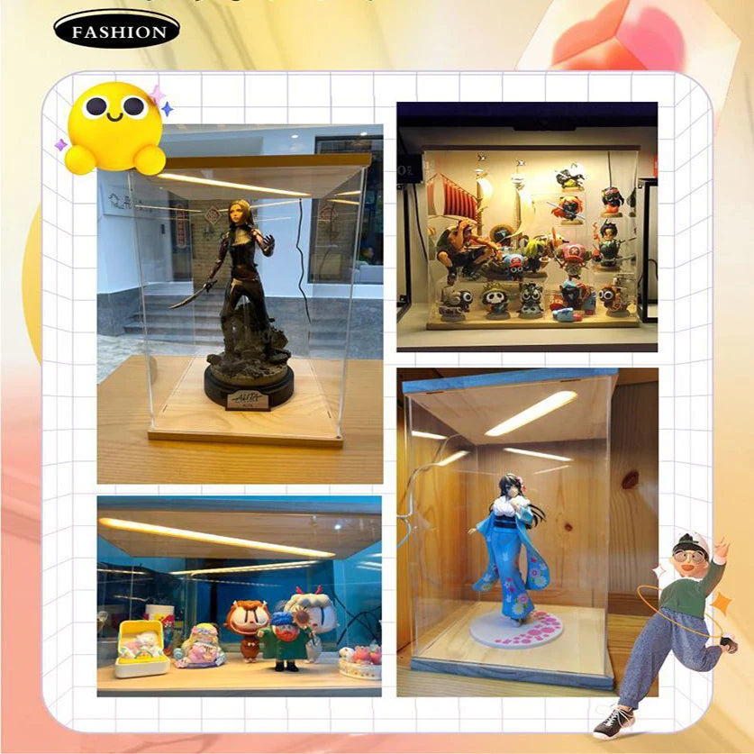 Stackable Wood Acrylic Display Case w/h Lamp for Figures Toy Collectible,Countertop Display Box Storage Stand Dustproof Showcase